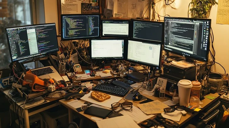 Escritorio saturado de pantallas con dashboards de software solapados representando exceso de herramientas