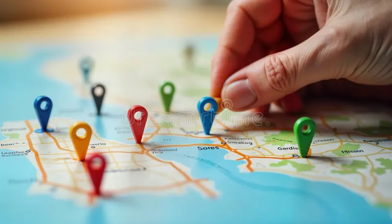 Mapa digital con marcadores de negocios locales y resultados de búsqueda geolocalizados