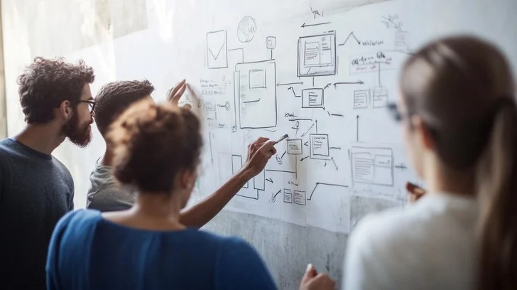 Equipo profesional planificando estrategia de captación de backlinks con diagrama en pizarra