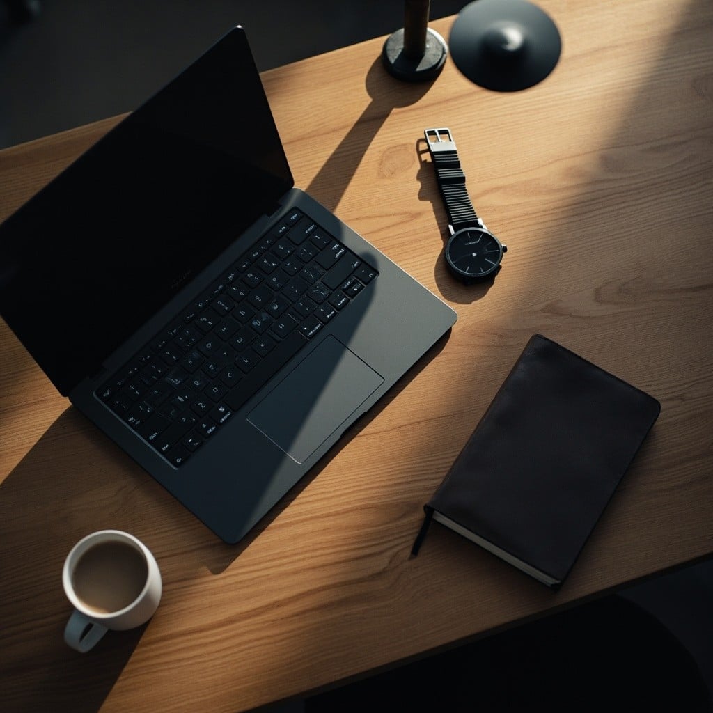Escritorio de consultor web con stack minimalista y ordenador portátil