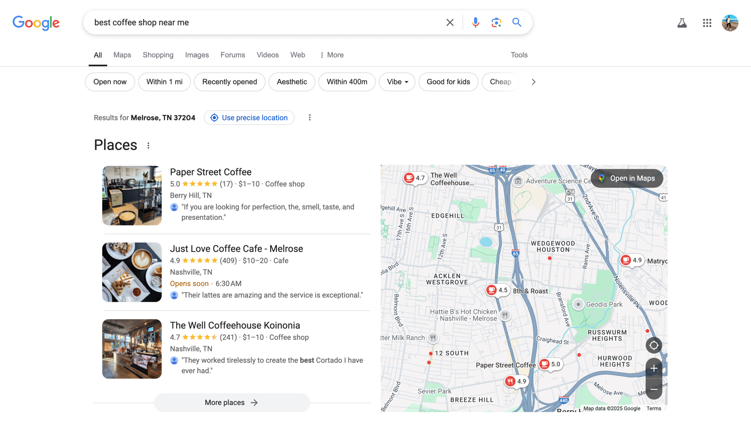 Mapa de resultados locales de Google con negocios geolocalizados