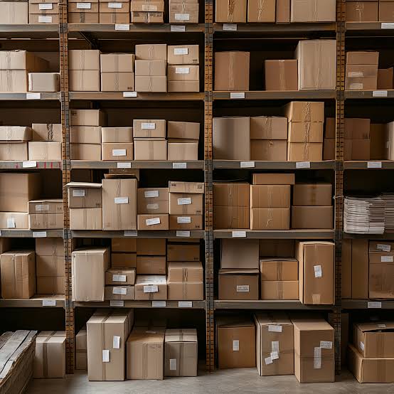 Almacén logístico de tienda online con revisión de inventario y stock