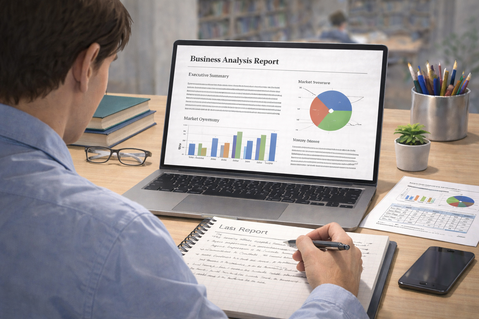 Informe técnico impreso con análisis de datos y hoja de ruta priorizada sobre escritorio