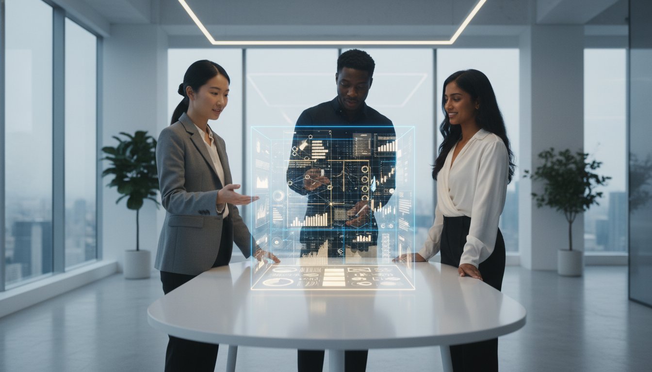 Consultora web analizando datos estratégicos frente a una pantalla en oficina moderna