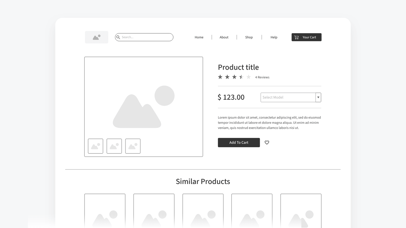 Wireframe de ficha de producto de una tienda online en fase de diseño